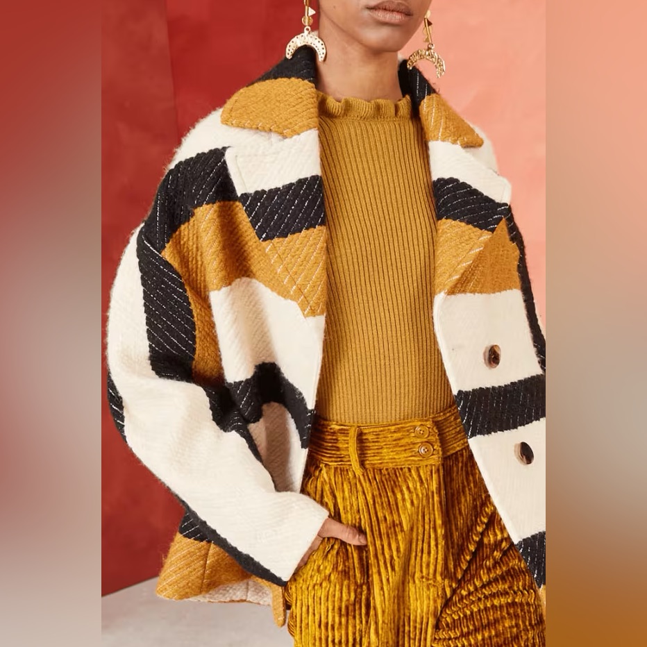 Ulla Johnson Designer Emery Jacket Coat Honey Stripe Medium Doubl Breast Wool